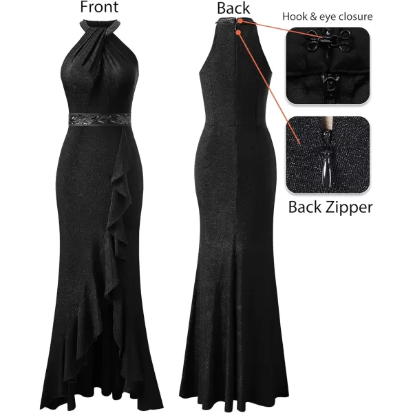 VFSHOW Womens Sexy Halter Neck Beaded Ruffle Slit Prom Formal Maxi Dress 2023 Wedding Guest Twist Front Cocktail Evening GownSparkly Black2