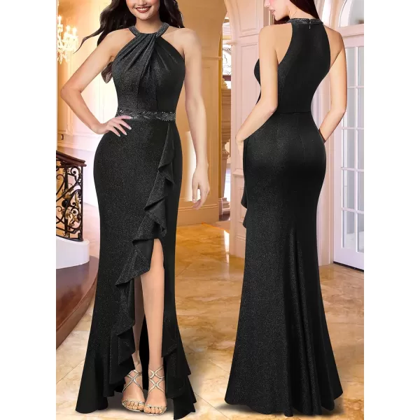 VFSHOW Womens Sexy Halter Neck Beaded Ruffle Slit Prom Formal Maxi Dress 2023 Wedding Guest Twist Front Cocktail Evening GownSparkly Black2