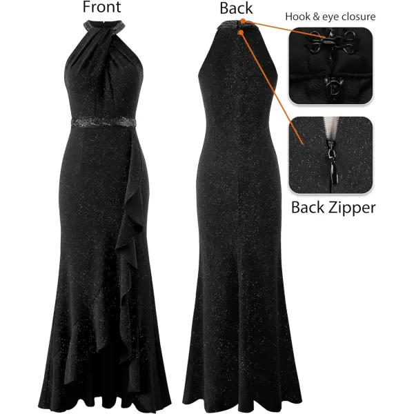 VFSHOW Womens Sexy Halter Neck Beaded Ruffle Slit Prom Formal Maxi Dress 2023 Wedding Guest Twist Front Cocktail Evening GownSparkly Black3