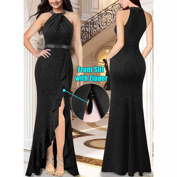 VFSHOW Womens Sexy Halter Neck Beaded Ruffle Slit Prom Formal Maxi Dress 2023 Wedding Guest Twist Front Cocktail Evening GownSparkly Black3