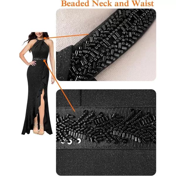 VFSHOW Womens Sexy Halter Neck Beaded Ruffle Slit Prom Formal Maxi Dress 2023 Wedding Guest Twist Front Cocktail Evening GownSparkly Black3