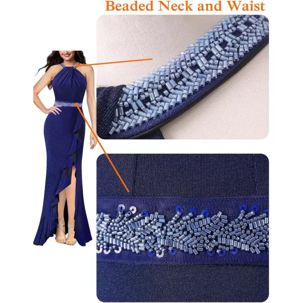 VFSHOW Womens Sexy Halter Neck Beaded Ruffle Slit Prom Formal Maxi Dress 2023 Wedding Guest Twist Front Cocktail Evening GownSparkly Blue