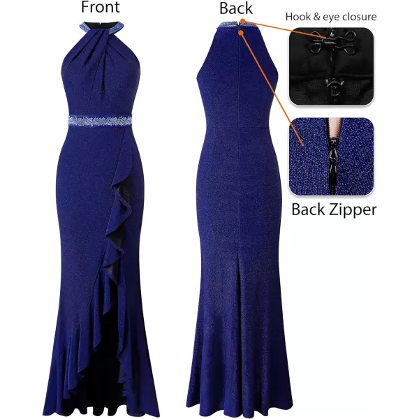 VFSHOW Womens Sexy Halter Neck Beaded Ruffle Slit Prom Formal Maxi Dress 2023 Wedding Guest Twist Front Cocktail Evening GownSparkly Blue