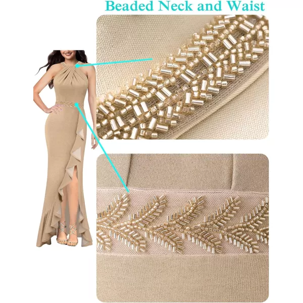 VFSHOW Womens Sexy Halter Neck Beaded Ruffle Slit Prom Formal Maxi Dress 2023 Wedding Guest Twist Front Cocktail Evening GownSparkly Champagne