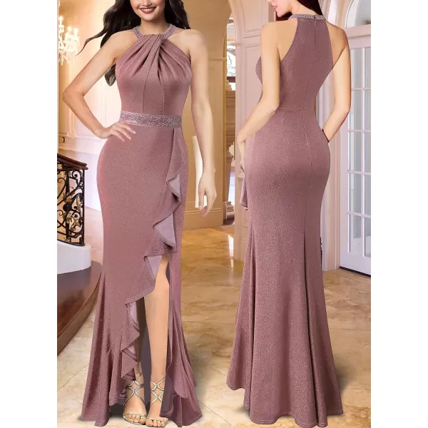 VFSHOW Womens Sexy Halter Neck Beaded Ruffle Slit Prom Formal Maxi Dress 2023 Wedding Guest Twist Front Cocktail Evening GownSparkly Dusty Pink