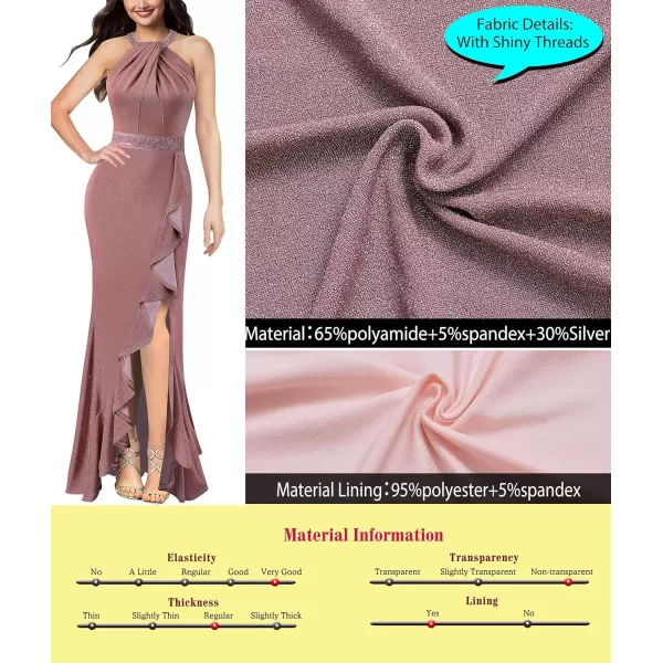 VFSHOW Womens Sexy Halter Neck Beaded Ruffle Slit Prom Formal Maxi Dress 2023 Wedding Guest Twist Front Cocktail Evening GownSparkly Dusty Pink