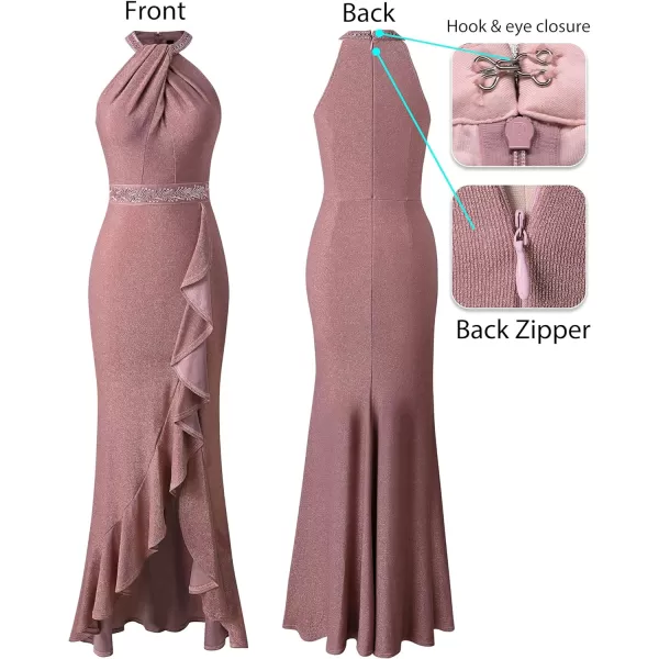 VFSHOW Womens Sexy Halter Neck Beaded Ruffle Slit Prom Formal Maxi Dress 2023 Wedding Guest Twist Front Cocktail Evening GownSparkly Dusty Pink