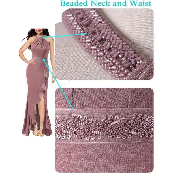 VFSHOW Womens Sexy Halter Neck Beaded Ruffle Slit Prom Formal Maxi Dress 2023 Wedding Guest Twist Front Cocktail Evening GownSparkly Dusty Pink