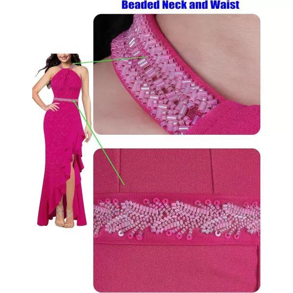 VFSHOW Womens Sexy Halter Neck Beaded Ruffle Slit Prom Formal Maxi Dress 2023 Wedding Guest Twist Front Cocktail Evening GownSparkly Hot Pink