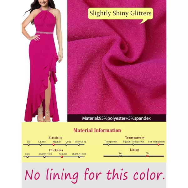 VFSHOW Womens Sexy Halter Neck Beaded Ruffle Slit Prom Formal Maxi Dress 2023 Wedding Guest Twist Front Cocktail Evening GownSparkly Hot Pink