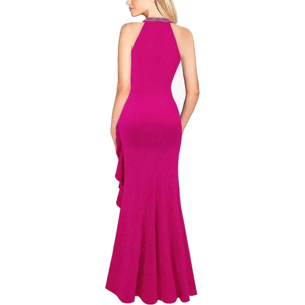 VFSHOW Womens Sexy Halter Neck Beaded Ruffle Slit Prom Formal Maxi Dress 2023 Wedding Guest Twist Front Cocktail Evening GownSparkly Hot Pink