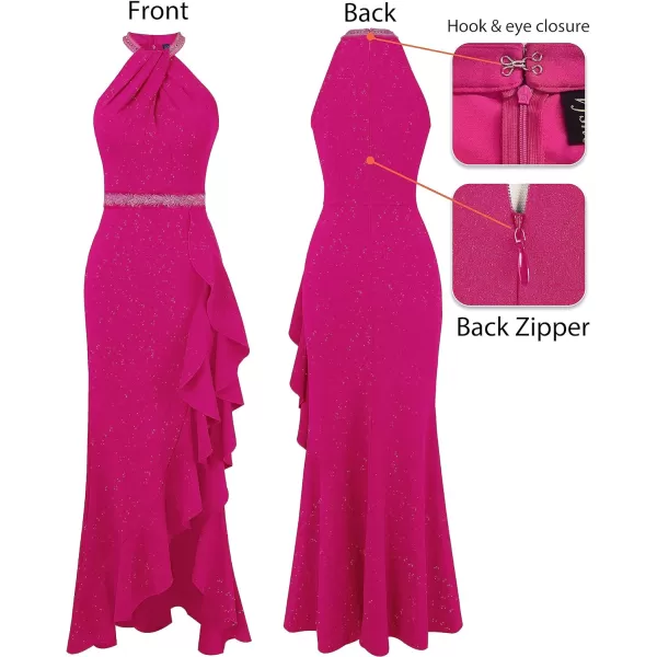 VFSHOW Womens Sexy Halter Neck Beaded Ruffle Slit Prom Formal Maxi Dress 2023 Wedding Guest Twist Front Cocktail Evening GownSparkly Hot Pink