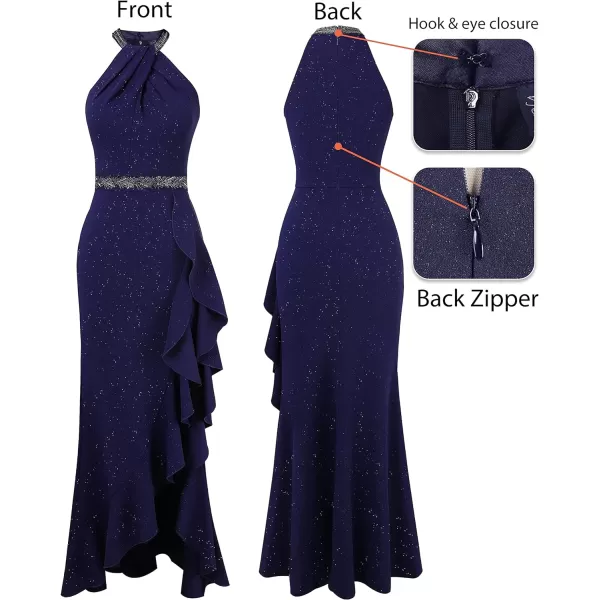 VFSHOW Womens Sexy Halter Neck Beaded Ruffle Slit Prom Formal Maxi Dress 2023 Wedding Guest Twist Front Cocktail Evening GownSparkly Navy Blue