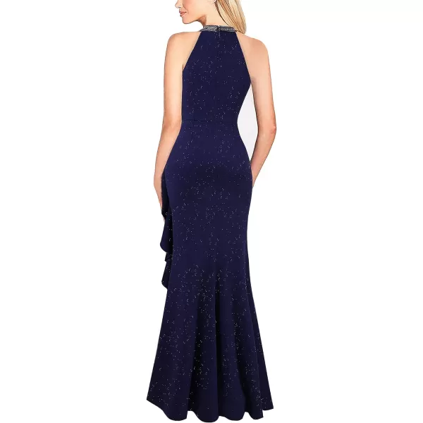 VFSHOW Womens Sexy Halter Neck Beaded Ruffle Slit Prom Formal Maxi Dress 2023 Wedding Guest Twist Front Cocktail Evening GownSparkly Navy Blue