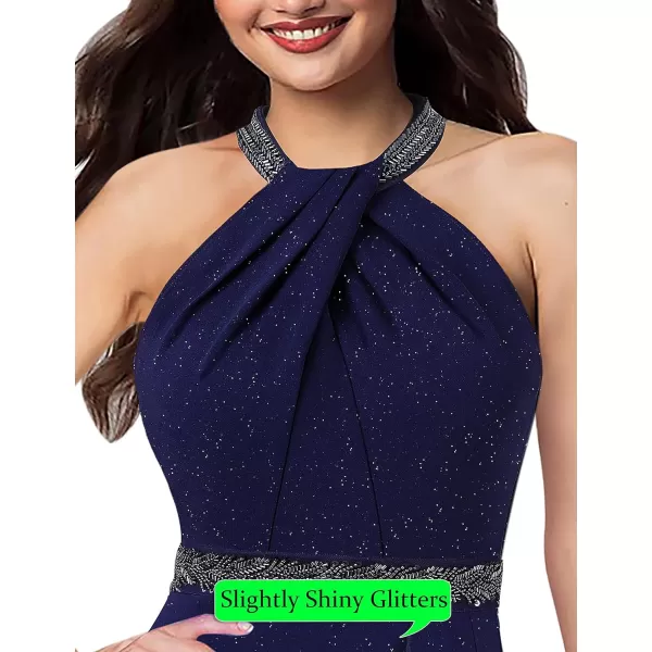 VFSHOW Womens Sexy Halter Neck Beaded Ruffle Slit Prom Formal Maxi Dress 2023 Wedding Guest Twist Front Cocktail Evening GownSparkly Navy Blue