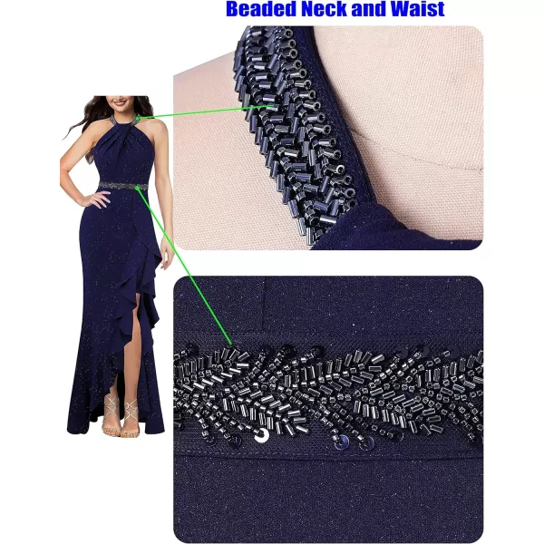 VFSHOW Womens Sexy Halter Neck Beaded Ruffle Slit Prom Formal Maxi Dress 2023 Wedding Guest Twist Front Cocktail Evening GownSparkly Navy Blue