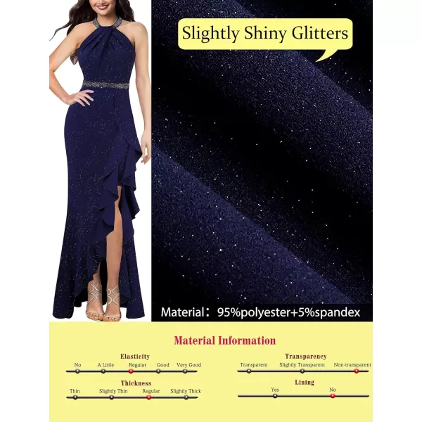 VFSHOW Womens Sexy Halter Neck Beaded Ruffle Slit Prom Formal Maxi Dress 2023 Wedding Guest Twist Front Cocktail Evening GownSparkly Navy Blue