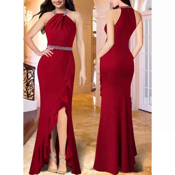 VFSHOW Womens Sexy Halter Neck Beaded Ruffle Slit Prom Formal Maxi Dress 2023 Wedding Guest Twist Front Cocktail Evening GownSparkly Red