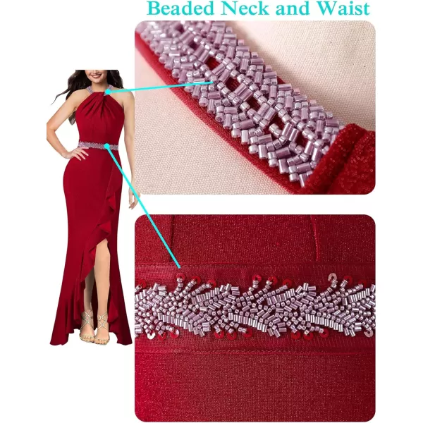 VFSHOW Womens Sexy Halter Neck Beaded Ruffle Slit Prom Formal Maxi Dress 2023 Wedding Guest Twist Front Cocktail Evening GownSparkly Red