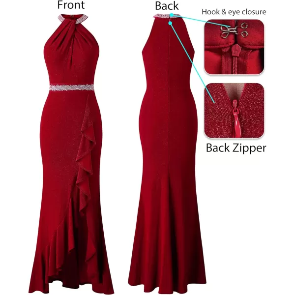 VFSHOW Womens Sexy Halter Neck Beaded Ruffle Slit Prom Formal Maxi Dress 2023 Wedding Guest Twist Front Cocktail Evening GownSparkly Red