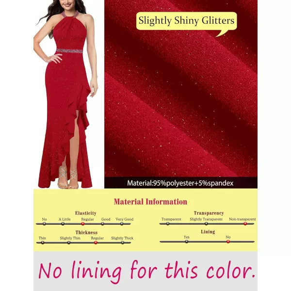VFSHOW Womens Sexy Halter Neck Beaded Ruffle Slit Prom Formal Maxi Dress 2023 Wedding Guest Twist Front Cocktail Evening GownSparkly Red1