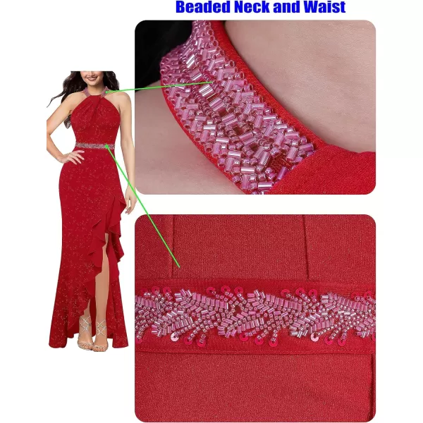 VFSHOW Womens Sexy Halter Neck Beaded Ruffle Slit Prom Formal Maxi Dress 2023 Wedding Guest Twist Front Cocktail Evening GownSparkly Red1
