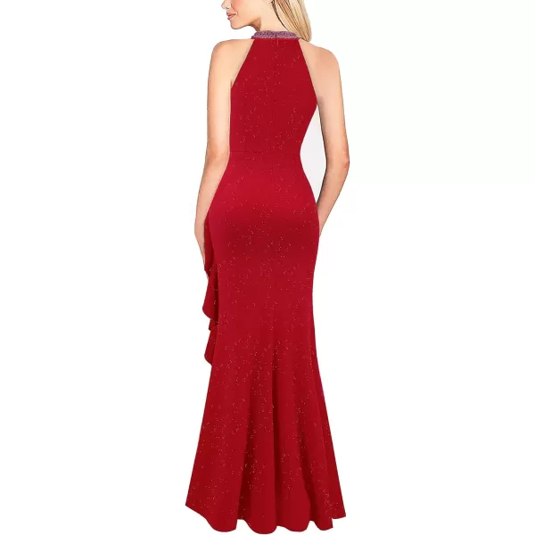 VFSHOW Womens Sexy Halter Neck Beaded Ruffle Slit Prom Formal Maxi Dress 2023 Wedding Guest Twist Front Cocktail Evening GownSparkly Red1
