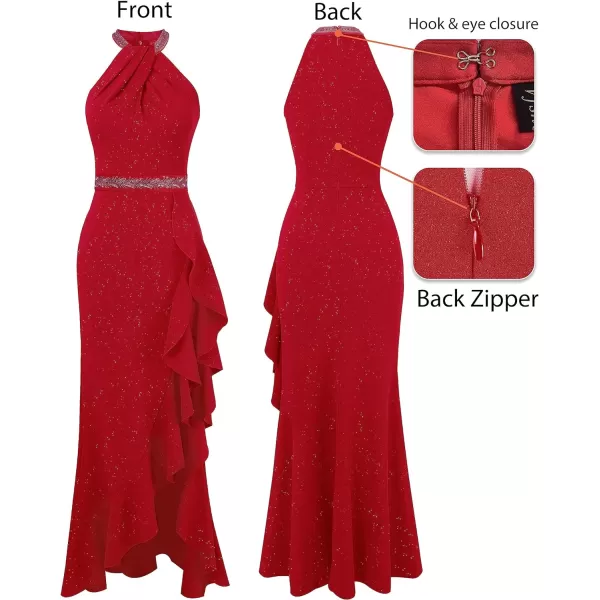 VFSHOW Womens Sexy Halter Neck Beaded Ruffle Slit Prom Formal Maxi Dress 2023 Wedding Guest Twist Front Cocktail Evening GownSparkly Red1