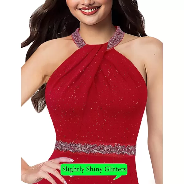 VFSHOW Womens Sexy Halter Neck Beaded Ruffle Slit Prom Formal Maxi Dress 2023 Wedding Guest Twist Front Cocktail Evening GownSparkly Red1