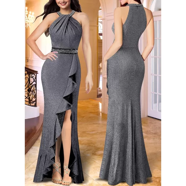 VFSHOW Womens Sexy Halter Neck Beaded Ruffle Slit Prom Formal Maxi Dress 2023 Wedding Guest Twist Front Cocktail Evening GownSparkly Silvery Grey