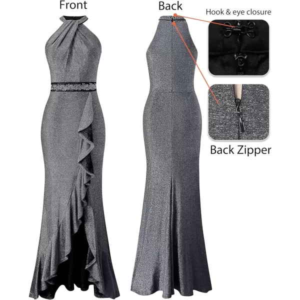 VFSHOW Womens Sexy Halter Neck Beaded Ruffle Slit Prom Formal Maxi Dress 2023 Wedding Guest Twist Front Cocktail Evening GownSparkly Silvery Grey