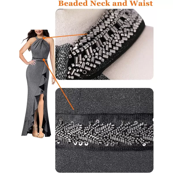 VFSHOW Womens Sexy Halter Neck Beaded Ruffle Slit Prom Formal Maxi Dress 2023 Wedding Guest Twist Front Cocktail Evening GownSparkly Silvery Grey