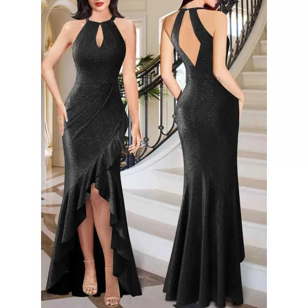 VFSHOW Womens Sexy Halter Neck Formal Cutout Ruffle Slit Ruched Prom Maxi Dress 2023 Wedding Guest HILO Mermaid Evening Gown2sparkly Black