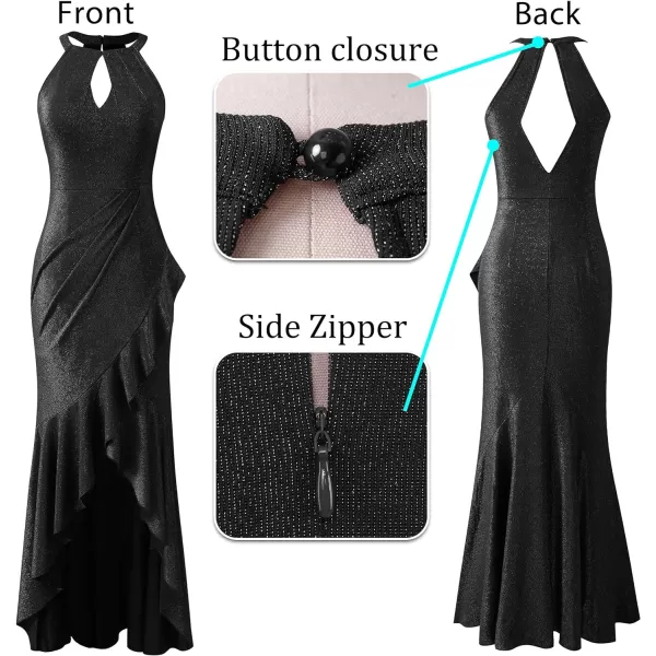 VFSHOW Womens Sexy Halter Neck Formal Cutout Ruffle Slit Ruched Prom Maxi Dress 2023 Wedding Guest HILO Mermaid Evening Gown2sparkly Black