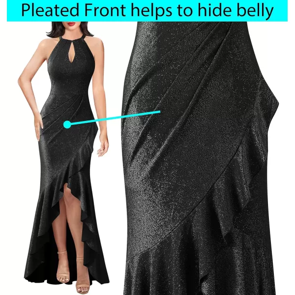 VFSHOW Womens Sexy Halter Neck Formal Cutout Ruffle Slit Ruched Prom Maxi Dress 2023 Wedding Guest HILO Mermaid Evening Gown2sparkly Black