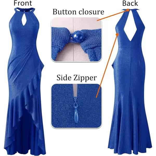 VFSHOW Womens Sexy Halter Neck Formal Cutout Ruffle Slit Ruched Prom Maxi Dress 2023 Wedding Guest HILO Mermaid Evening Gown2sparkly Blue