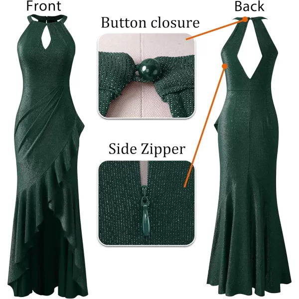 VFSHOW Womens Sexy Halter Neck Formal Cutout Ruffle Slit Ruched Prom Maxi Dress 2023 Wedding Guest HILO Mermaid Evening Gown2sparkly Green