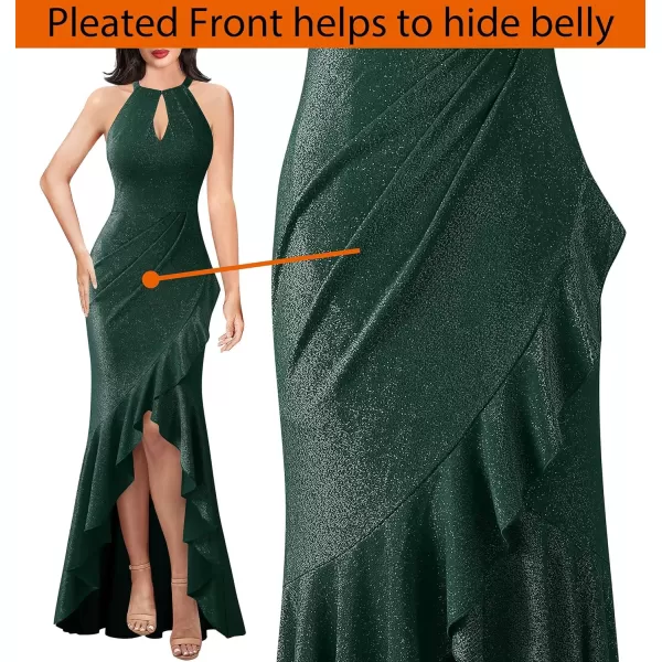 VFSHOW Womens Sexy Halter Neck Formal Cutout Ruffle Slit Ruched Prom Maxi Dress 2023 Wedding Guest HILO Mermaid Evening Gown2sparkly Green
