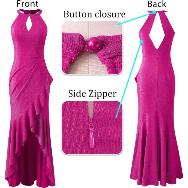 VFSHOW Womens Sexy Halter Neck Formal Cutout Ruffle Slit Ruched Prom Maxi Dress 2023 Wedding Guest HILO Mermaid Evening Gown2sparkly Hot Pink