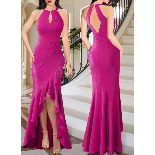 VFSHOW Womens Sexy Halter Neck Formal Cutout Ruffle Slit Ruched Prom Maxi Dress 2023 Wedding Guest HILO Mermaid Evening Gown2sparkly Hot Pink