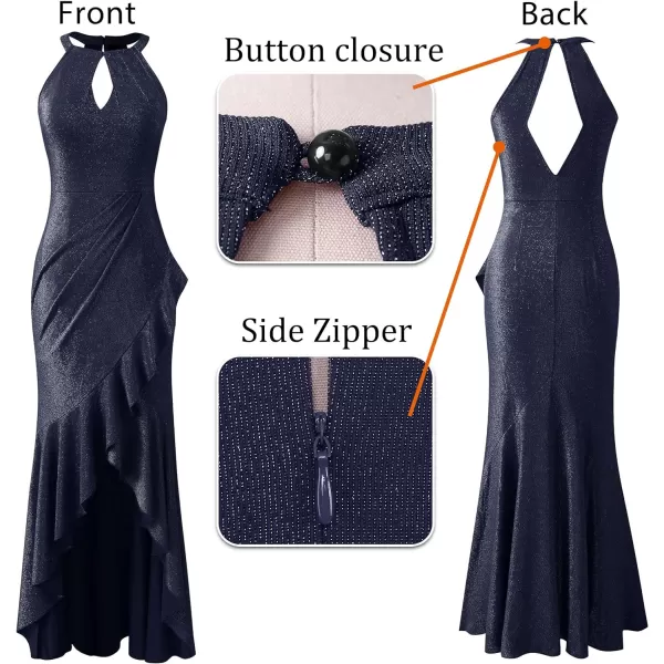 VFSHOW Womens Sexy Halter Neck Formal Cutout Ruffle Slit Ruched Prom Maxi Dress 2023 Wedding Guest HILO Mermaid Evening Gown2sparkly Navy Blue