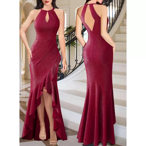 VFSHOW Womens Sexy Halter Neck Formal Cutout Ruffle Slit Ruched Prom Maxi Dress 2023 Wedding Guest HILO Mermaid Evening Gown2sparkly Red