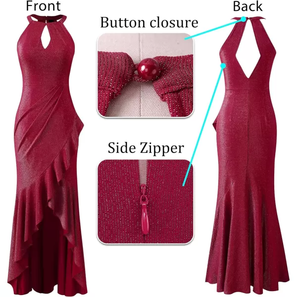 VFSHOW Womens Sexy Halter Neck Formal Cutout Ruffle Slit Ruched Prom Maxi Dress 2023 Wedding Guest HILO Mermaid Evening Gown2sparkly Red