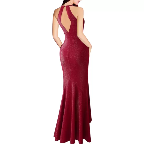 VFSHOW Womens Sexy Halter Neck Formal Cutout Ruffle Slit Ruched Prom Maxi Dress 2023 Wedding Guest HILO Mermaid Evening Gown2sparkly Red