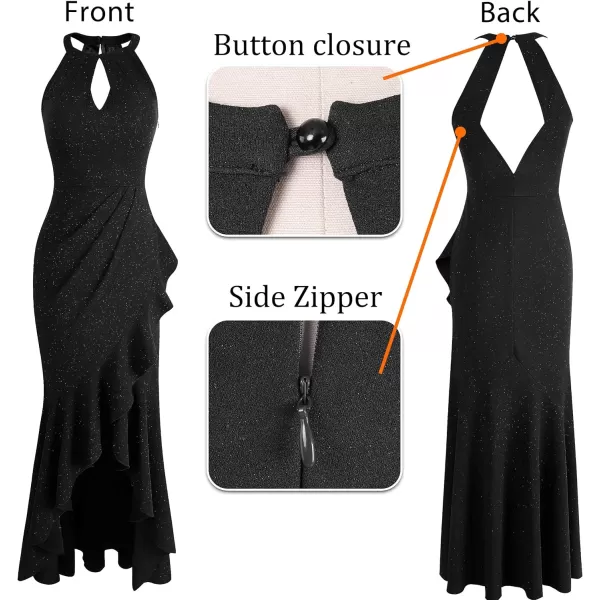 VFSHOW Womens Sexy Halter Neck Formal Cutout Ruffle Slit Ruched Prom Maxi Dress 2023 Wedding Guest HILO Mermaid Evening GownSparkly Black