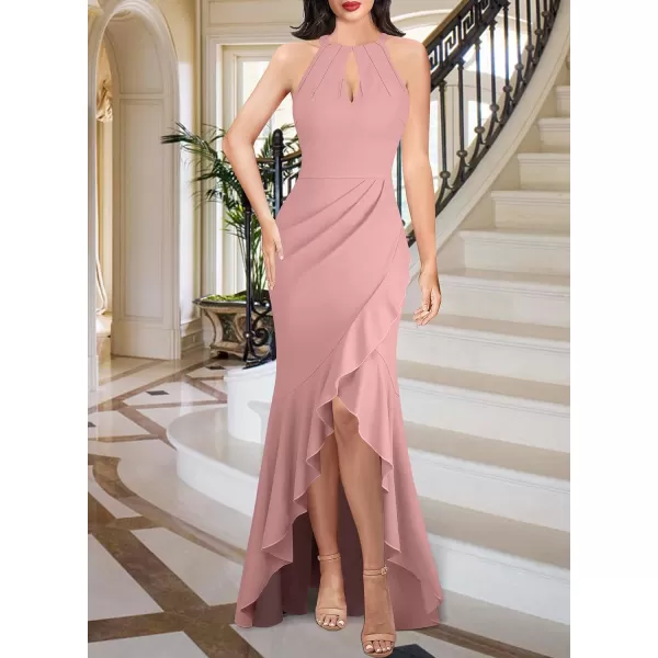 VFSHOW Womens Sexy Halter Neck Formal Cutout Ruffle Slit Ruched Prom Maxi Dress 2023 Wedding Guest HILO Mermaid Evening GownSparkly Blush Pink