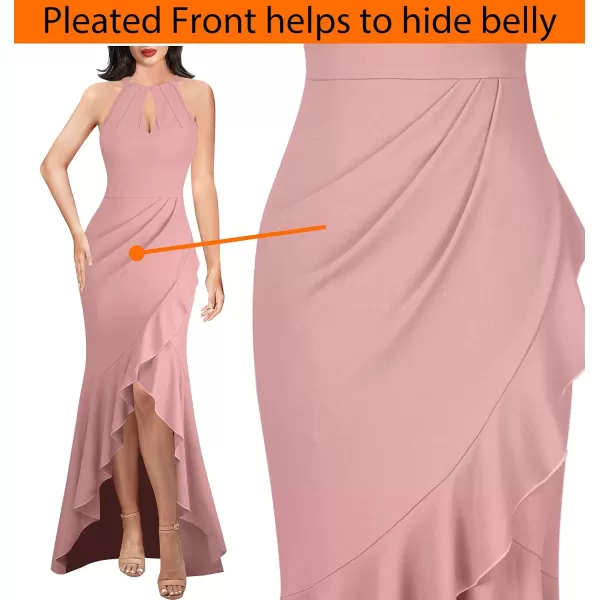 VFSHOW Womens Sexy Halter Neck Formal Cutout Ruffle Slit Ruched Prom Maxi Dress 2023 Wedding Guest HILO Mermaid Evening GownSparkly Blush Pink