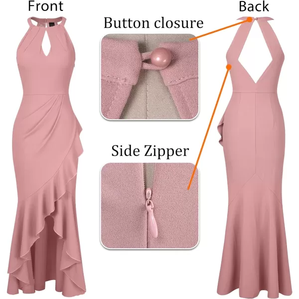 VFSHOW Womens Sexy Halter Neck Formal Cutout Ruffle Slit Ruched Prom Maxi Dress 2023 Wedding Guest HILO Mermaid Evening GownSparkly Blush Pink