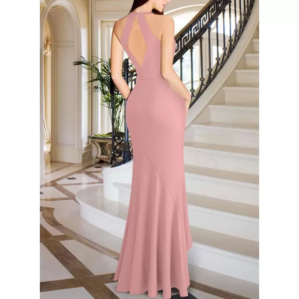 VFSHOW Womens Sexy Halter Neck Formal Cutout Ruffle Slit Ruched Prom Maxi Dress 2023 Wedding Guest HILO Mermaid Evening GownSparkly Blush Pink