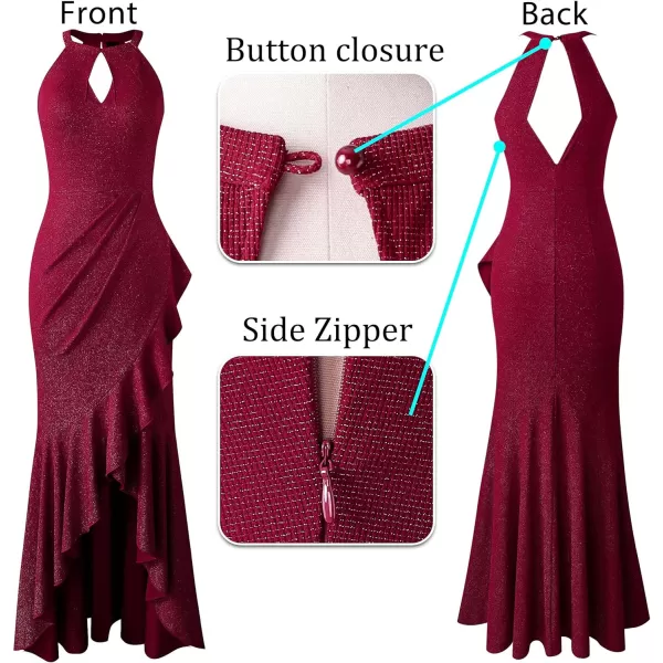 VFSHOW Womens Sexy Halter Neck Formal Cutout Ruffle Slit Ruched Prom Maxi Dress 2023 Wedding Guest HILO Mermaid Evening GownSparkly Dark Red